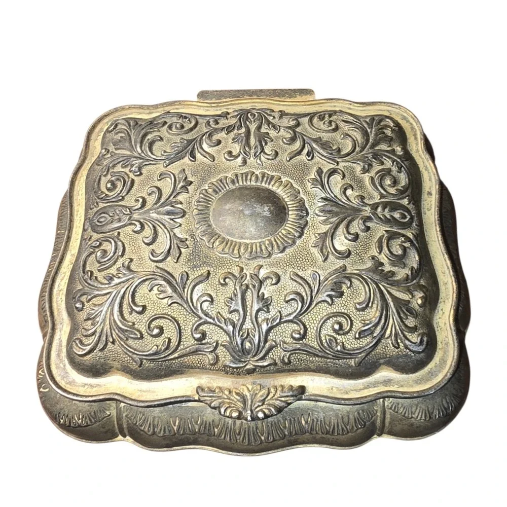 Vtg Silver Plate Victorian Jewelry, Trinket Box Red Velvet Lined Heritage Mint